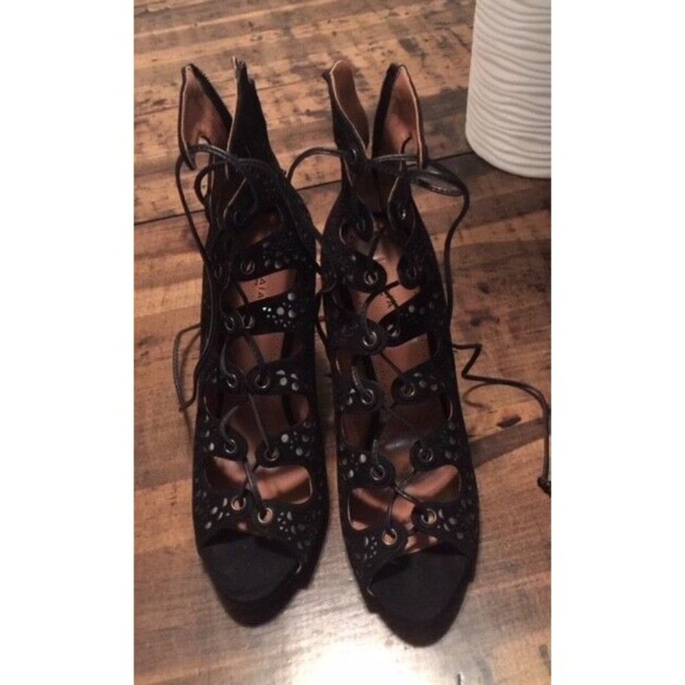 NEW ALAIA PARIS BLACK SUEDE LACE-UP PEEP TOE SANDALS / BOOTIES SZ 40 / 10 - Picture 7 of 9